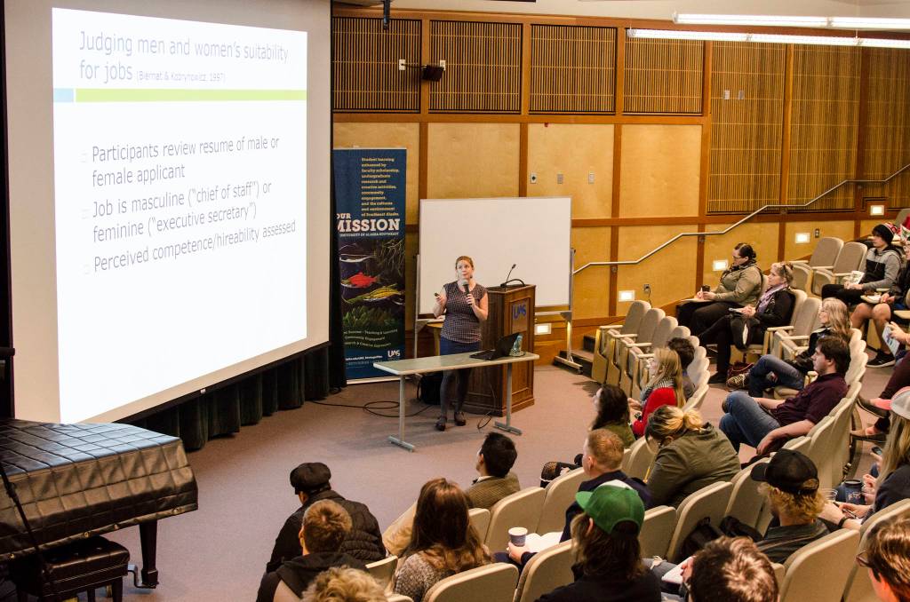 Dr. Amanda Sesko, a UAS professor, presents in the Egan Lecture Hall at the 2016 symposium. Photo by Jules Alvarado.