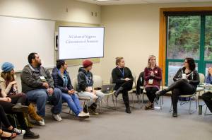 Students Lyndi Hall and Alicia Norton lead a group discussion for the 2016 symposium. Photo by Jules Alvarado.