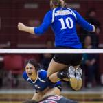 Thunder Mountain&rsquo;s Maximina Saceda-Hurt, left, and Emma Kaelke celebrate their win against Juneau-Douglas at JDHS on Friday, Oct. 27, 2017. Thunder Mountain won 16-14 in the tie-breaking fifth game. (Michael Penn | Juneau Empire)