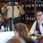 Rep. Tammie Wilson, R-North Pole, left, and Rep. Scott Kawasaki, D-Fairbanks, listen to Suzanne DiPietro, Executive Director of the Alaska Judicial Council, as the House Finance Committee meets on how to pay for SB54, a criminal justice bill, at the Capitol on Wednesday, Nov. 1, 2017. (Michael Penn | Juneau Empire)