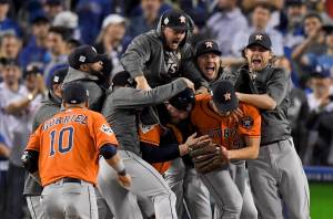 The Houston Astros celebrate after their win against the Los Angeles Dodgers in Game 7 of baseball&rsquo;s World Series Wednesday, Nov. 1, 2017, in Los Angeles. The Astros won 5-1 to win the series 4-3. (Mark J. Terrill | The Associated Press)