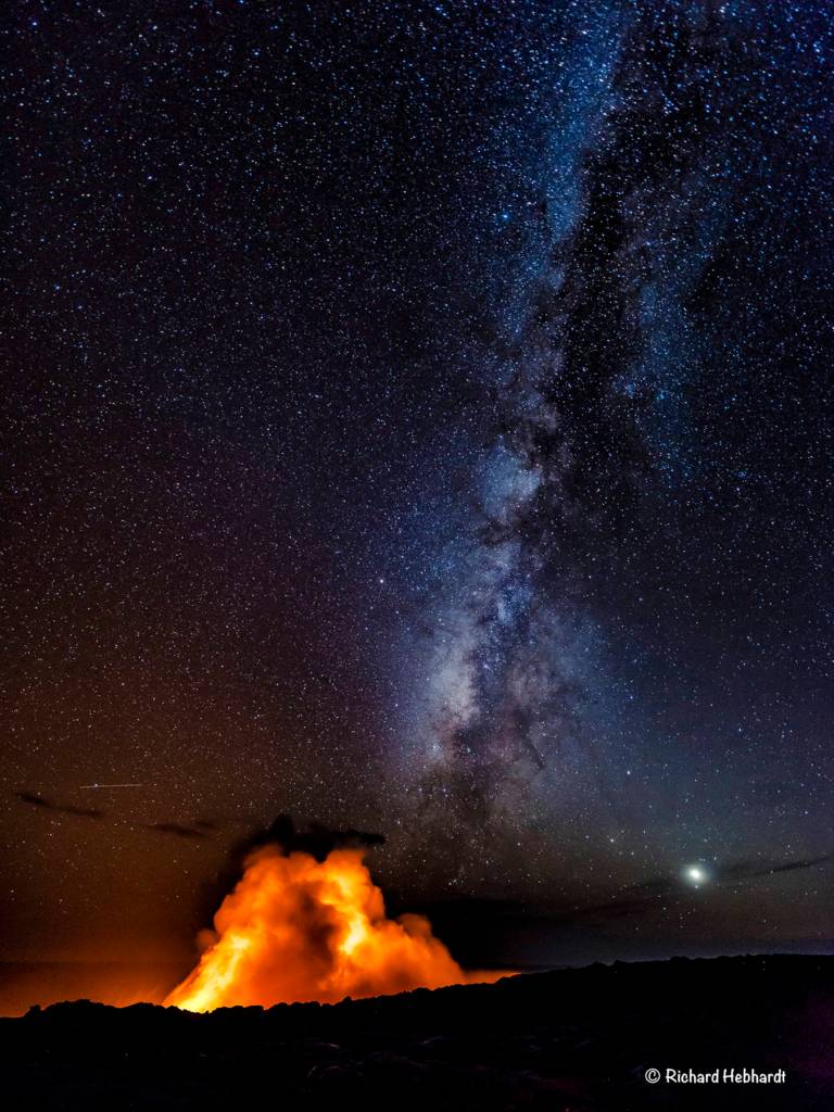 A lava plume and the Milky Way as seen in Volcanoes National Park, Hawaii. (Photo by Richard Hebhardt)
