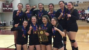 The Juneau-Douglas High School volleyball team poses with the Region V 4A Championship trophy in Ketchikan, Saturday, Nov. 4, 2017. Top row (L to R): Jojo Griggs, Addie Prussing, Cassie Dzinich, Leah Spargo, Jessica Pierce, Shaylin Cesar. Bottom row: (L to R): Kiana Potter, Abby Meiners, Skylar Hickok, Riley Stadt. (Photo courtesy of Windy Spargo)