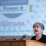 Alaska Writer Laureate Ernestine Hayes delivers her keynote speech at the Power & Privilege Symposium at the University of Alaska Southeast on Tuesday, Nov. 7, 2017. (Michael Penn | Juneau Empire)