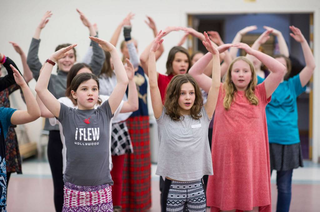 Front row, left to right: Dori Germain, Tahlia Gerger, Megan Pierce. Second row: Ava Meade and Olivia Mills. Rehearsal of Latitude 58&rsquo;s production of &ldquo;Fiddler on the Roof&rdquo; at St. Ann&rsquo;s Hall on Thursday, Nov. 9, 2017. (Michael Penn | Capital City Weekly)