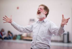 Michael Wittig Sr. as Tevye at the rehearsal of Latitude 58&rsquo;s production of &ldquo;Fiddler on the Roof&rdquo; at St. Ann&rsquo;s Hall on Thursday, Nov. 9, 2017. (Michael Penn | Capital City Weekly)