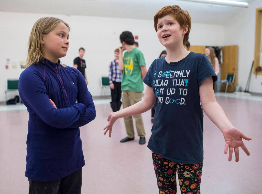 Front: Kyra Wood and Karen Adkison. Back: Blake Terry, Michael Wittig Jr., Cole Mitchell and Sadie Jenkins. Rehearsal of Latitude 58&rsquo;s production of &ldquo;Fiddler on the Roof&rdquo; at St. Ann&rsquo;s Hall on Thursday, Nov. 9, 2017. (Michael Penn | Capital City Weekly)