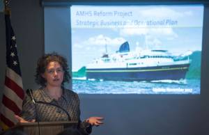 Susan Bell, of The McDowell Group, discusses challenges facing the Alaska Marine Highway System during a Republican Women of Juneau lunch at Prospector Hotel on Monday, Nov. 13, 2017. (Michael Penn | Juneau Empire)