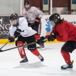 Cameron Smith, right, attempts to defend against Cully Corrigan, center, as goalie Wolf Dostal watches during Juneau-Douglas High School hockey practice at the Treadwell Arena on Thursday, Nov. 16, 2017. (Michael Penn | Juneau Empire)