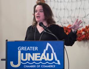 Meilani Schijvens gives her &ldquo;Southeast by the Numbers&rdquo; presentation at the Juneau Chamber of Commerce weekly luncheon at the Moose Lodge on Thursday, Nov. 16, 2017. (Michael Penn | Juneau Empire)