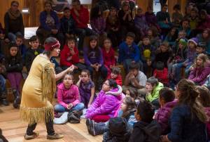 Lily Hope tells a story about respecting nature to second-grade students from Harborview Elementary and Juneau Charter Community Schools at the Walter Soboleff Center on Thursday, Nov. 16, 2017. The Storytelling Excursion for all Juneau School District second graders is part of the Any Given Child programming sponsored by the Juneau School District, Mayor&rsquo;s office, University of Alaska Southeast, Sealaska Heritage Institute and the Juneau Arts and Humanities Council. (Michael Penn | Juneau Empire)