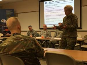 Maj. Gen. Laurel Hummel speaks during a town hall meeting at the National Guard Armory at the University of Alaska Southeast campus on Thursday. (Kevin Gullufsen | Juneau Empire)