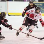 Juneau-Douglas&rsquo; Jacob Dale, right, competes for the puck against Kenai&rsquo;s Kayla Norbeck in Juneau-Douglas&rsquo;s first home match of the season at Treadwell Arena on Friday, Nov. 17, 2017. (Michael Penn | Juneau Empire)