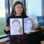 Thunder Mountain High School junior Tianah Sangster poses with portraits she made as part of the Memory Project. The project sends portraits to children in distress all over the world, giving them a keepsake. (Photo courtesy of Angela Imboden)