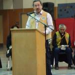 Sealaska Board of Directors Chair Joe Nelson of the Teikweidi Clan speaks at the &ldquo;Transfer of Core Cultural Values Panels Ceremony&rdquo; at Floyd Dryden Middle School on Wednesday, Nov. 22. (Clara Miller | Capital City Weekly)