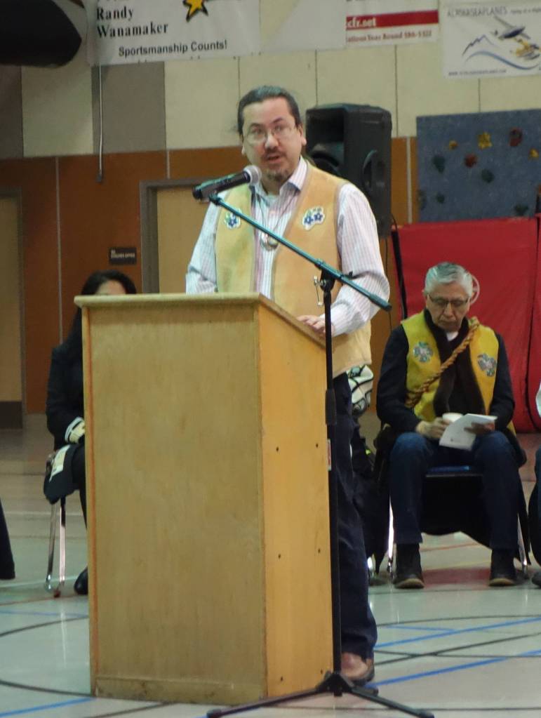 Sealaska Board of Directors Chair Joe Nelson of the Teikweidi Clan speaks at the &ldquo;Transfer of Core Cultural Values Panels Ceremony&rdquo; at Floyd Dryden Middle School on Wednesday, Nov. 22. (Clara Miller | Capital City Weekly)