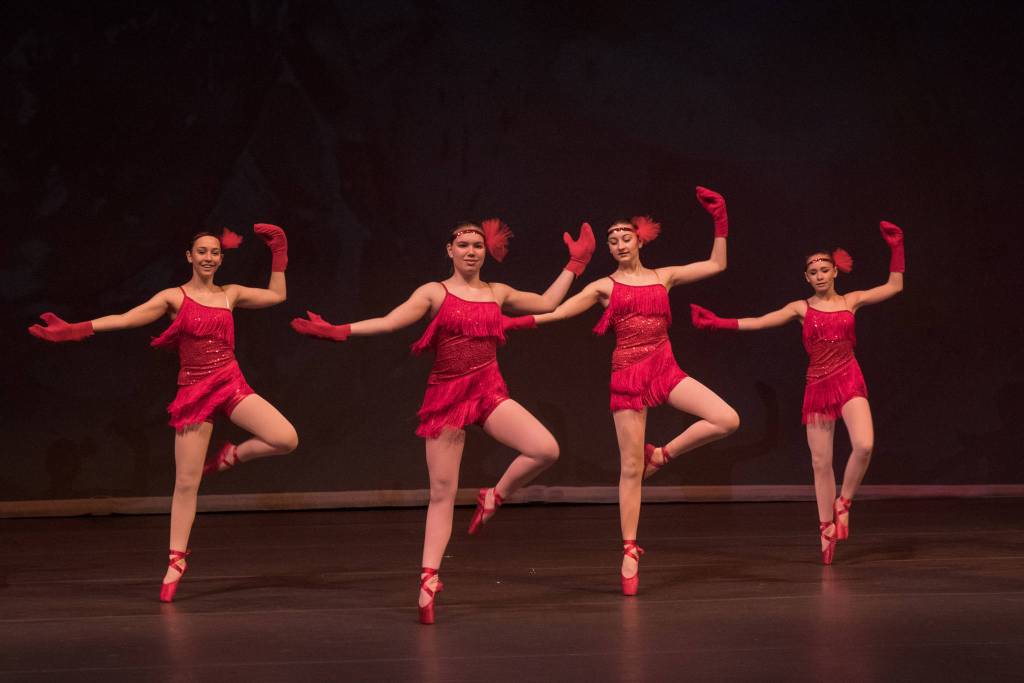 Jordan Gagner, Zia Allen, Taylor Clifton and Alli Christner dance en point, claws snapping, as a cast of crabs. Photo by Bobbi Jordan.