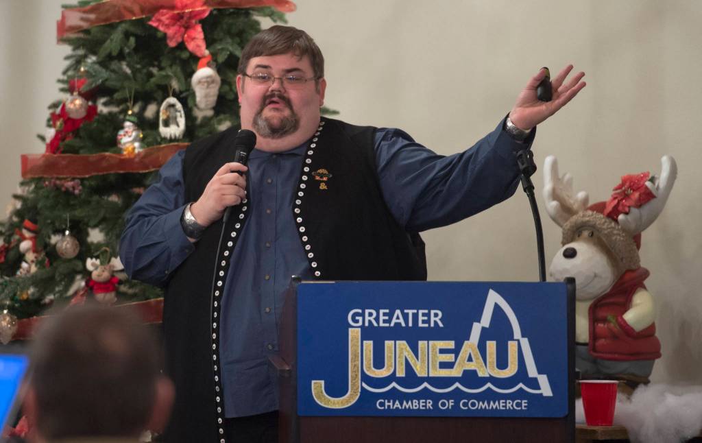 Michael Penn | Juneau Empire Richard Peterson, president of the Central Council of Tlingit and Haida Indian Tribes of Alaska, speaks to the Juneau Chamber of Commerce at its weekly luncheon at the Moose Lodge on Thursday.