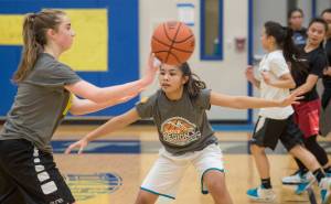 Cyrene Uddipa, center, guards teammate Samantha Dilley during Thunder Mountain High School girls basketball practice at TMHS on Thursday, Dec. 7, 2017. (Michael Penn | Juneau Empire)