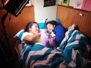 Mya Pecson and Jasmine Sears filming the sleepover scene in &ldquo;How to Say Goodbye.&rdquo; Image courtesy of Eriksen.