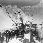 National Park Service, Klondike Gold Rush National Historical Library, Cynthia Taylor Collection, KLGO SS-25-1710. &ldquo;Scales and Summit on Chilkoot Pass&rdquo; looking north to the False Summit and the pass beyond, taken April 1898. Photographer: Ernest F. Keir. This photograph shows the Scales in the foreground looking north toward the False Summit and the Chilkoot Pass beyond. In the center right is the trail running through the Peterson Pass and the possible location of P. H. Peterson&rsquo;s original hoist. In the center left is the Golden Stairs and to the right of that is the location of Archie Burns&rsquo; surface tramway (figure 3). Note the smoke near the center of the picture. This seems to indicate that Archie Burns&rsquo; steam boiler and his steam powered surface tramway system is fully operational. The steam hoist apparently continued operating until late spring of 1898.