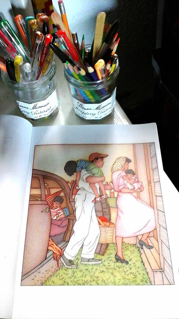 This is the coloring corner of Romi Neilson (Tara Neilson&rsquo;s mother). She uses a mixture of gel pens and pencils to get the shading she likes. Photo by Tara Neilson