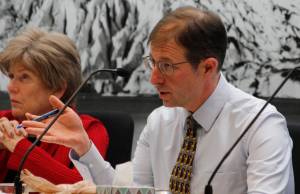 Assembly member and City and Borough of Juneau Assembly Finance Committee Chair Jesse Kiehl poses a question Wednesday about the possibility of the city getting involved in the process of Hydro One purchasing Alaska Energy Light & Power. (Alex McCarthy | Juneau Empire)