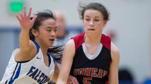 Juneau-Douglas&rsquo; Kiana Potter, right, dribbles against Thunder Mountain&rsquo;s Khaye Garcia during their game at TMHS on Friday, Jan. 5. The JDHS and TMHS girls both lost their games on Friday. (Michael Penn | Juneau Empire File)