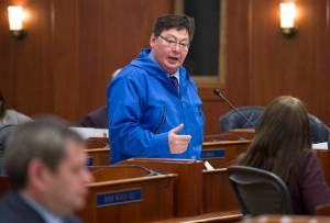 In this Feb. 15, 2017 photo, Rep. Dean Westlake, D-Kotzebue, speaks in support of his resolution to allow oil drilling in the Arctic National Wildlife Refuge during a House floor sesison. (Michael Penn | Juneau Empire File)