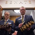 Senate Pages Elizabeth Bechtol, of Anchorage, and Walter Campbell, of Palmer, play glockenspiels to announce the meeting of the Senate as legislators return to Alaska&rsquo;s Capitol to open the Second Session of the 30th Legislature on Tuesday, Jan. 16, 2018. (Michael Penn | Juneau Empire)