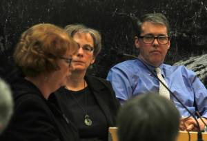 Deputy City Manager Mila Cosgrove, center, and City Manager Rorie Watt, right, listen to the testimony of Janet Clarke-Kennedy at Monday&rsquo;s City and Borough of Juneau Assembly meeting. Despite arguments from Clarke-Kennedy and 16 other members of the public asking them not to go forward with expanding the city&rsquo;s borders farther on Admiralty Island, the Assembly members voted by a 5-4 count to go ahead with it. (Alex McCarthy | Juneau Empire)