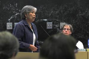 Maxine Thompson testifies at the City and Borough of Juneau Assembly meeting on Monday, Jan. 22, 2018 in opposition to the Assembly&rsquo;s proposed further expansion on Admiralty Island. The Assembly members still voted, by a 5-4 count, to move forward with annexation. (Alex McCarthy | Juneau Empire)