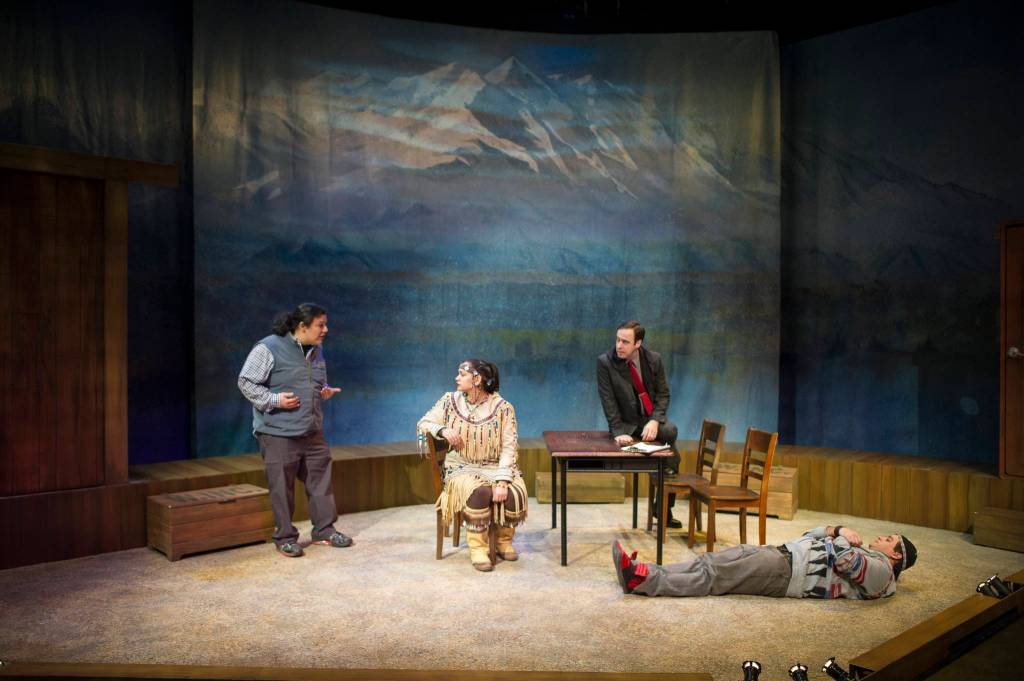 Frank Henry Katasse, left, Erin Tripp, James Sullivan and Alec Shamas rehearse in Perseverance Theatre&rsquo;s production of William Inc. on Tuesday, Jan. 23, 2018.