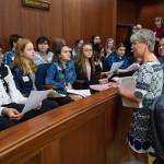 Sen. Anna MacKinnon, R-Eagle River, and Sen. Lyman Hoffman, D-Bethel, speak to Floyd Dryden Middle School eighth grade students just before a floor session at the Capitol on Monday, Jan. 29, 2018. The League of Women Voters of Juneau and The Alaska Committee are sponsoring a program to bring all of Juneau&rsquo;s 400 eighth grade students to the Capitol for an introduction to the executive, legislative and judicial branches. (Michael Penn | Juneau Empire)