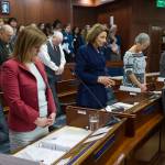 Senators take a moment of silence at the Capitol on Monday, Jan, 29, 2018, in memory of three Alaskan servicemen killed in action. The senate voted in favor of Senate Concurrent Resolution 14 to award the Alaska Decoration of Honor to David T. Brabander, Hansen B. Kirkpatrick and Jacob M. Sims. (Michael Penn | Juneau Empire)