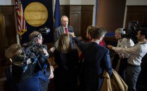 Speaker of the House Rep. Bryce Edgmon, D-Dillingham, is questioned by reporters about Rep. Zach Fansler, D-Bethel, at the Capitol on Tuesday, Jan. 30, 2018. Rep. Fansler has been accused of striking a woman in his hotel room last week. (Michael Penn | Juneau Empire)  Speaker of the House Rep. Bryce Edgmon, D-Dillingham, is questioned by reporters about Rep. Zach Fansler, D-Bethel, at the Capitol on Tuesday, Jan. 30, 2018. Rep. Fansler has been accused of striking a woman in his hotel room last week. (Michael Penn | Juneau Empire)