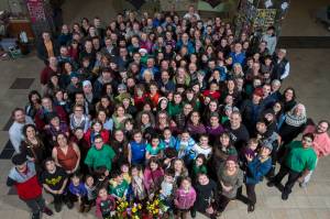 Group picture of families attending the 20th Anniverary Dinner of the Juneau Community Charter School at Juneau-Douglas High School on Saturday, Jan. 13, 2018.