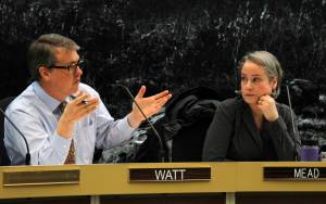 City Manager Rorie Watt (left) speaks as City Attorney Amy Mead listens during the Monday, Feb. 5, 2018 Committee of the Whole meeting. Watt will enter into negotiations with Alaska Electric Light & Power about the city&rsquo;s priorities during Canadian company Hydro One&rsquo;s purchase of AEL&P&rsquo;s parent company, Avista Corp. If the Assembly decides to intervene in the process, Mead will head up that process. (Alex McCarthy | Juneau Empire)