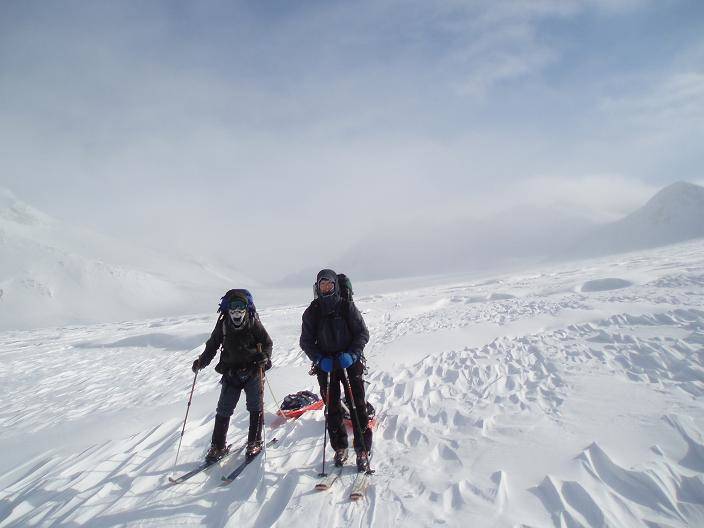 Ed Shanley and Dennis Hall on the upper Mendenhall Glacier after a three-day storm. (Photo by Bjorn Dihle)