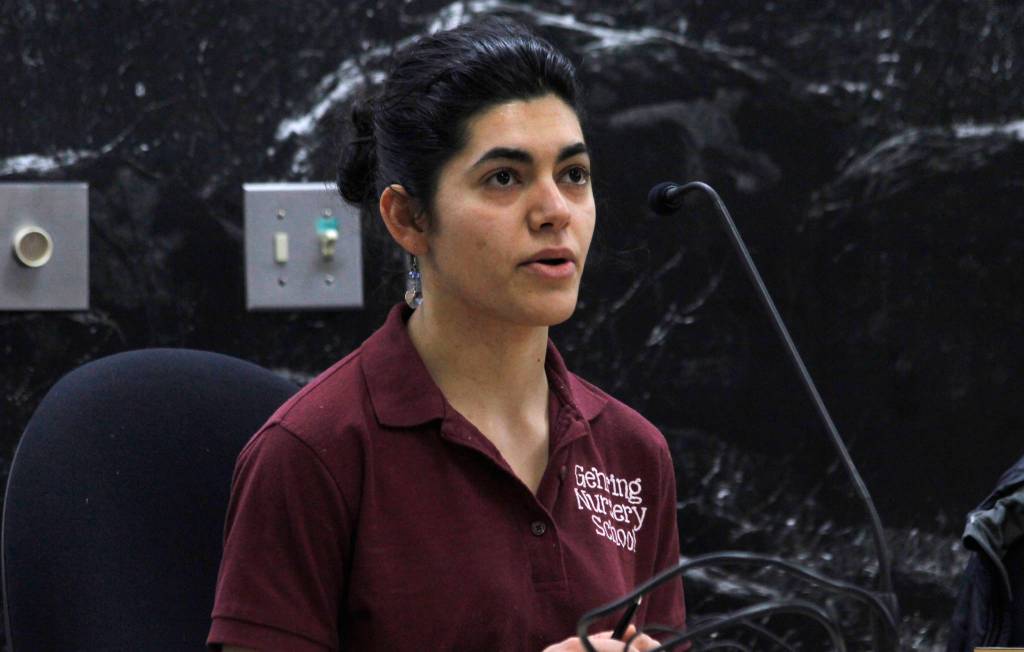 Israa Kako-Gehring speaks about the Gehring Nursery School&rsquo;s application to use a city-owned property for child care. (Alex McCarthy | Juneau Empire)