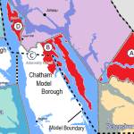 Recommendations for areas to include in Juneau&rsquo;s borough annexation application. The CBJ Assembly agreed to include areas A, B, C (the area above the dotted line) and D in its application, but removed Funter Bay, in area D, from its application. (Courtesy of the City and Borough of Juneau)
