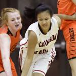 Juneau-Douglas&rsquo; Alyxn Bohulano, center, steals the ball against West&rsquo;s Alyx Bowen, left, and Gillian Huss during their game on Friday, Feb. 2, 2018. The Crimson Bears host Ketchikan High School Friday and Saturday night at 8 p.m. (Michael Penn | Juneau Empire File)