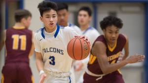 Thunder Mountain&rsquo;s Bryson Echiverri, left, steals the ball from Mt. Edgecumbe&rsquo;s Emmett Dunaway at TMHS on Friday, Feb. 16, 2018. (Michael Penn | Juneau Empire)