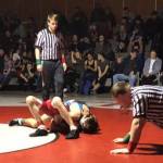 Ketchikan&rsquo;s Degan Linne wrestles Wrangell&rsquo;s Ryan Rooney in the 105-pound finals at the 2018 Southeast Wrestling Tournament at Floyd Dryden Middle School. (Courtesy Photo | Ken Brown)