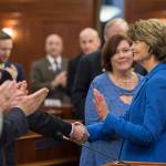 U.S. Sen. Lisa Murkowski, R-Alaska, greets legislators after her annual speech to a joint session of the Alaska Legislature at the Capitol on Thursday, Feb. 22, 2018. (Michael Penn | Juneau Empire)
