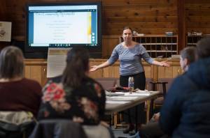 Ati Nasiah, prevention outreach director for AWARE, leads a Racial Equity and Liberation meeting at Northern Light United Church on Friday, Feb. 23, 2018. (Michael Penn | Juneau Empire)