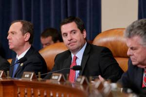In this March 20, 2017, file photo, House Intelligence Committee Chairman Rep. Devin Nunes, R-Calif., center, flanked by the committee&rsquo;s ranking member Rep. Adam Schiff, D-Calif., left, and Rep. Peter King, R-N.Y., listens on Capitol Hill in Washington during the committee&rsquo;s hearing on allegations of Russian interference in the 2016 U.S. presidential election. (AP Photo/J. Scott Applewhite, File)