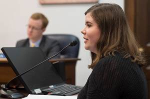 Juneau-Douglas High School sophomore Stella Tallmon testifies in front of the House Judiciary Committee in favor of HB 75, a gun violence protective orders bill, at the Capitol on Wednesday, Feb. 28, 2018. (Michael Penn | Juneau Empire)