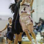 Juneau-Douglas&rsquo; Sadie Tuckwood has her shot blocked by Thunder Mountain&rsquo;s Nina Fenumiai at JDHS on Friday, March 3, 2018. JDHS won 53-33. (Michael Penn | Juneau Empire)