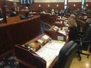 The desk of Rep. Ivy Spohnholz, D-Anchorage, is seen vacant Monday, March 5, 2018. Spohnholz said she had been diagnosed with complications from a pulmonary embolism and will be absent from the capitol until Monday. (James Brooks | Juneau Empire)